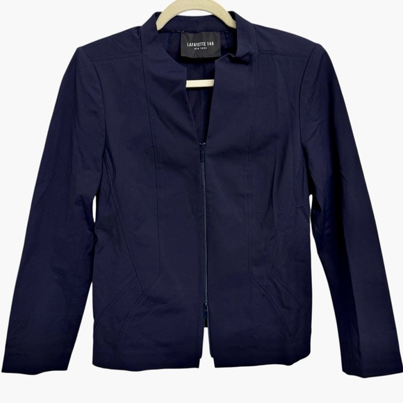 Lafayette 148 Bi-Stretch Cotton Fundamental Zip Front Jacket Size 8 Navy Career - Picture 2 of 8